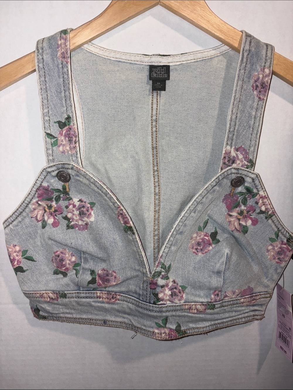 wild fable Light Blue Denim Floral Crop Top with Pink Roses